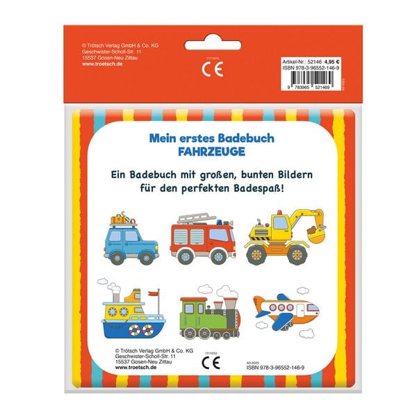 Produktbild: TR&Ouml;TSCH - Badebuch "Fahrzeuge" | Wasserfestes Badebuch mit liebevoll illustrierten Fahrzeugmotiven. Leuchtend buntes Badewannenbuch mit weichen Oberfl&auml;chen zum Dr&uuml;cken und Knautschen | Ab 0 Monaten