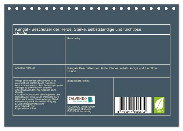 Produktbild: Kangal - Besch&uuml;tzer der Herde. Starke, selbstst&auml;ndige und furchtlose Hunde (Tischkalender 2026 DIN A5 quer), CALVENDO Monatskalender