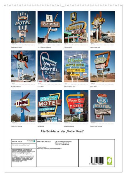 Produktbild: Alte Schilder an der &bdquo;Mother Road&ldquo; (hochwertiger Premium Wandkalender 2026 DIN A2 hoch), Kunstdruck in Hochglanz