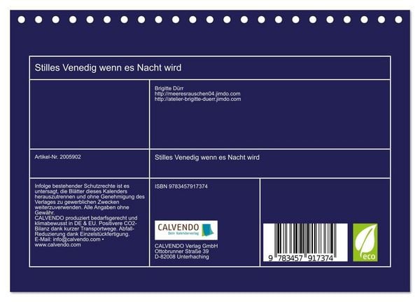 Produktbild: Stilles Venedig wenn es Nacht wird (Tischkalender 2026 DIN A5 quer), CALVENDO Monatskalender