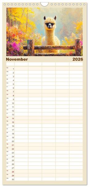 Produktbild: Familienplaner 2026 - Alpakas. Entz&uuml;ckende Paintings in duftigen Farben mit 5 Spalten (Wandkalender, 21 x 45 cm) CALVENDO