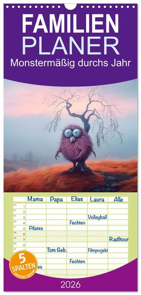Familienplaner 2026 - Monstermäßig durchs Jahr mit 5 Spalten (Wandkalender, 21 x 45 cm) CALVENDO