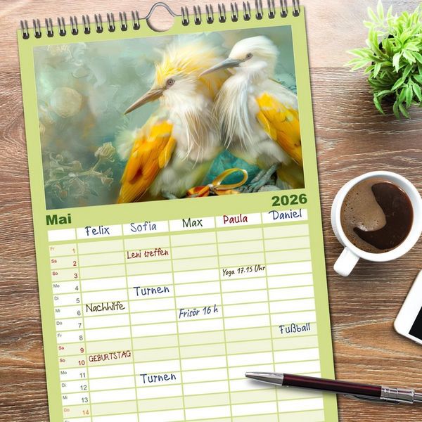 Produktbild: Familienplaner 2026 - Farbenfrohe Fantasiev&ouml;gel mit 5 Spalten (Wandkalender, 21 x 45 cm) CALVENDO