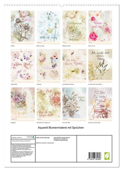 Produktbild: Aquarell Blumenmalerei mit Spr&uuml;chen (Wandkalender 2026 DIN A2 hoch), CALVENDO Monatskalender