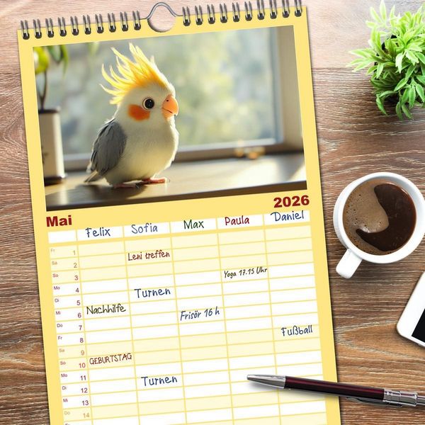 Produktbild: Familienplaner 2026 - Klein, laut, lustig - Nymphensittiche mit 5 Spalten (Wandkalender, 21 x 45 cm) CALVENDO