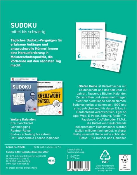 Produktbild: Stefan Heine Sudoku mittel bis schwierig Tagesabrei&szlig;kalender 2027