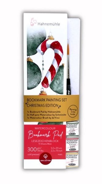 Hahnemühle Papier Bookmark Painting Set - Christmas Edition, 3 Aquarellfarben Schmincke, 1 Aquarellpinsel da Vinci