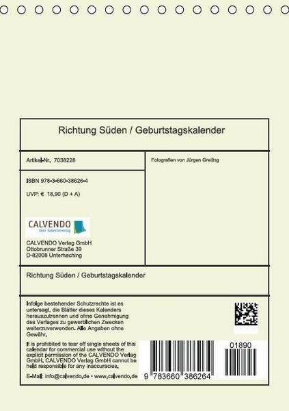 Produktbild: Richtung S&uuml;den / Geburtstagskalender (Tischkalender immerw&auml;hrend DIN A5 hoch)