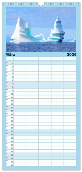 Produktbild: Familienplaner 2026 - Arktis und Antarktis - Eisig durch das Jahr mit 5 Spalten (Wandkalender, 21 x 45 cm) CALVENDO
