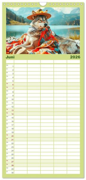 Produktbild: Familienplaner 2026 - Wilder Style. Modische W&ouml;lfe in der Natur mit 5 Spalten (Wandkalender, 21 x 45 cm) CALVENDO