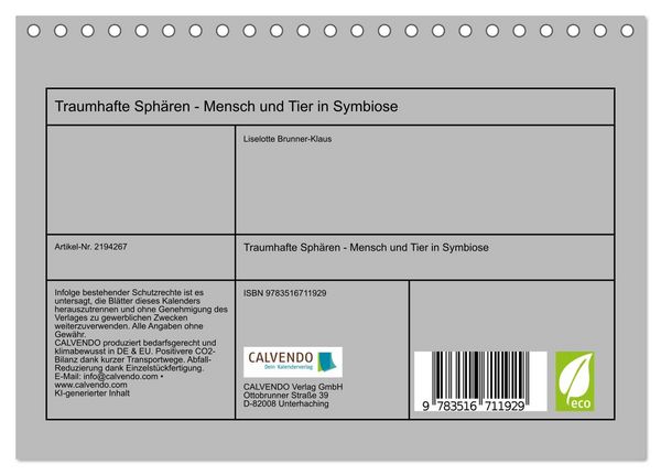 Produktbild: Traumhafte Sph&auml;ren - Mensch und Tier in Symbiose (Tischkalender 2026 DIN A5 quer), CALVENDO Monatskalender