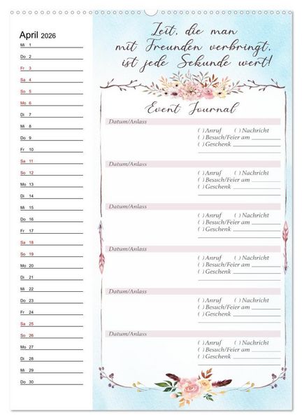 Produktbild: Geburtstagsplaner Boho Blau - F&uuml;r Termine, Geschenke, Eventdetails & mehr (Wandkalender 2026 DIN A2 hoch), CALVENDO Monatskalender