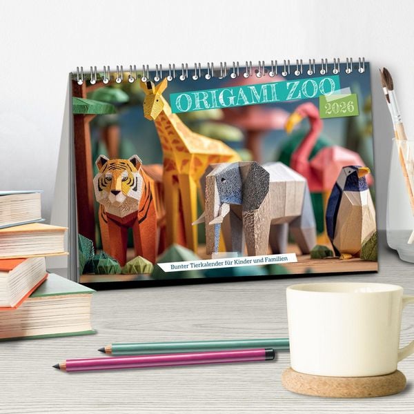 Produktbild: Origami Zoo - Bunter Tierkalender f&uuml;r Kinder und Familien (Tischkalender 2026 DIN A5 quer), CALVENDO Monatskalender