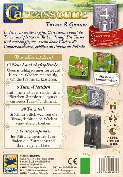 Produktbild: Hans im Gl&uuml;ck HIGD0134 - Carcassonne, T&uuml;rme & Gauner (Auflage 2025), 4. Erweiterung