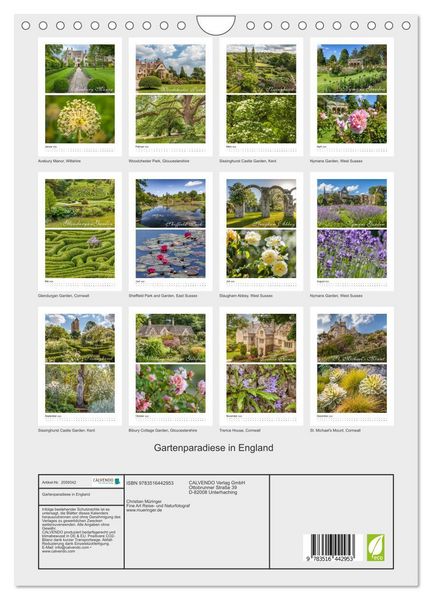 Produktbild: Gartenparadiese in England (Wandkalender 2026 DIN A4 hoch), CALVENDO Monatskalender