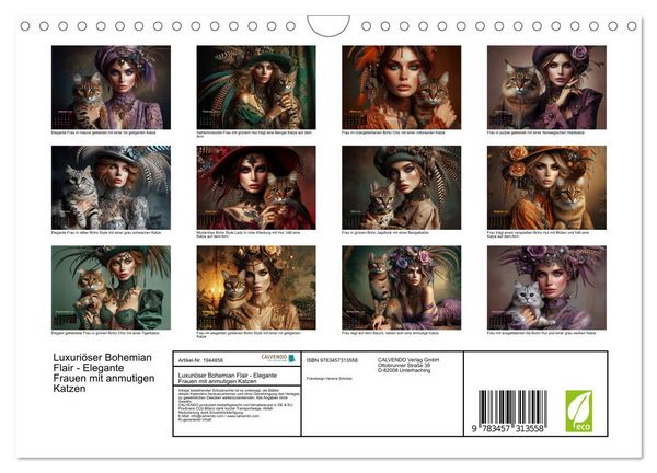 Produktbild: Luxuri&ouml;ser Bohemian Flair - Elegante Frauen mit anmutigen Katzen (Wandkalender 2026 DIN A4 quer), CALVENDO Monatskalender