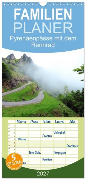 Produktbild: Familienplaner 2027 - Pyren&auml;enp&auml;sse mit dem Rennrad 2027 mit 5 Spalten (Wandkalender, 21 x 45 cm) CALVENDO