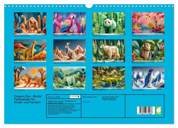 Produktbild: Origami Zoo - Bunter Tierkalender f&uuml;r Kinder und Familien (Wandkalender 2026 DIN A3 quer), CALVENDO Monatskalender