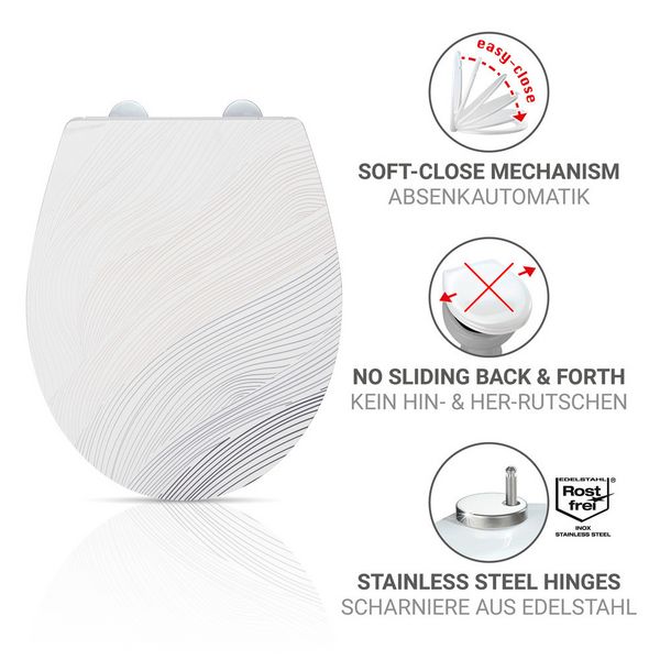 Produktbild: WC-Sitz Mod. Menin, mehrfarbig, Duroplast, Edelstahl, 38x44,5 cm, easy-close Absenkautomatik