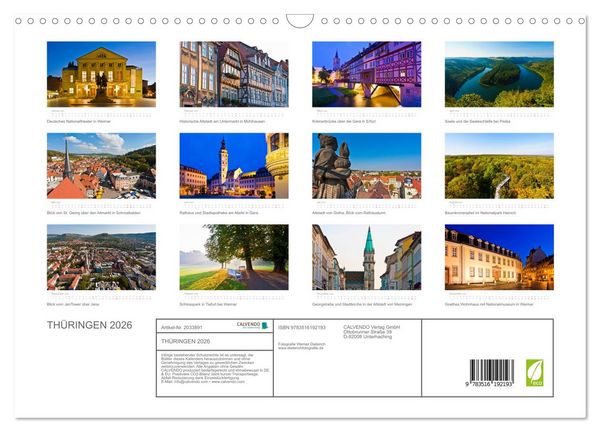 Produktbild: TH&Uuml;RINGEN 2026 (Wandkalender 2026 DIN A3 quer), CALVENDO Monatskalender