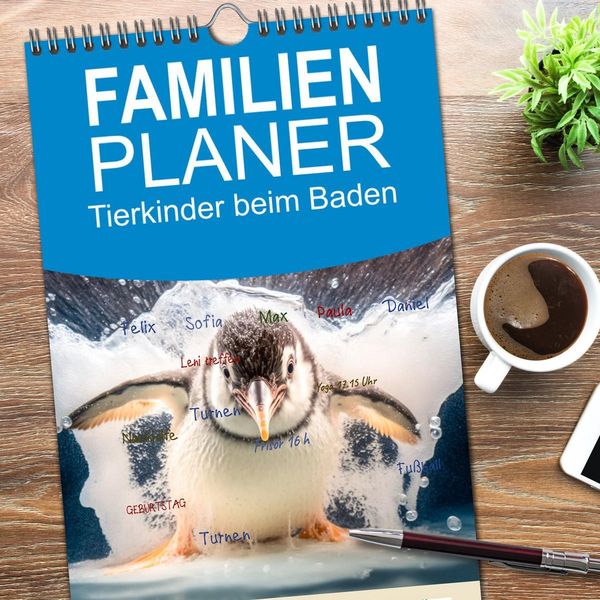 Produktbild: Familienplaner 2026 - Tierkinder beim Baden mit 5 Spalten (Wandkalender, 21 x 45 cm) CALVENDO