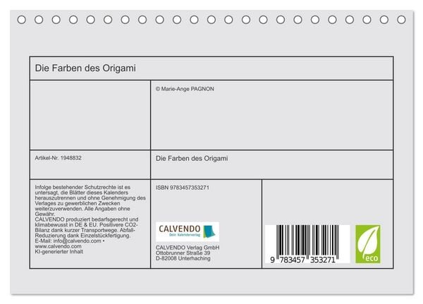 Produktbild: Die Farben des Origami (Tischkalender 2026 DIN A5 quer), CALVENDO Monatskalender