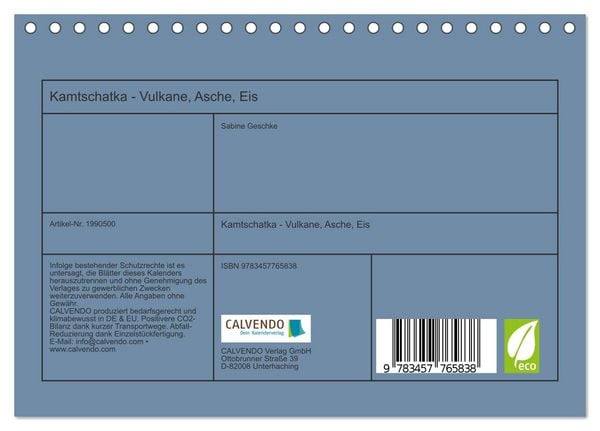 Produktbild: Kamtschatka - Vulkane, Asche, Eis (Tischkalender 2026 DIN A5 quer), CALVENDO Monatskalender