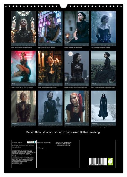 Produktbild: Gothic Girls - d&uuml;stere Frauen in schwarzer Gothic-Kleidung (Wandkalender 2026 DIN A3 hoch), CALVENDO Monatskalender