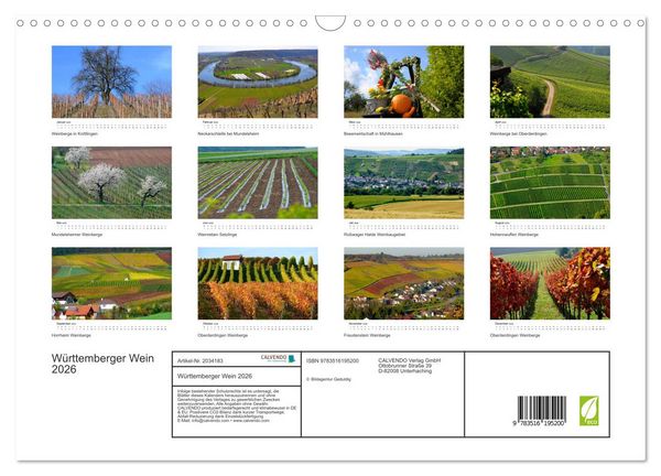 Produktbild: W&uuml;rttemberger Wein 2026 (Wandkalender 2026 DIN A3 quer), CALVENDO Monatskalender