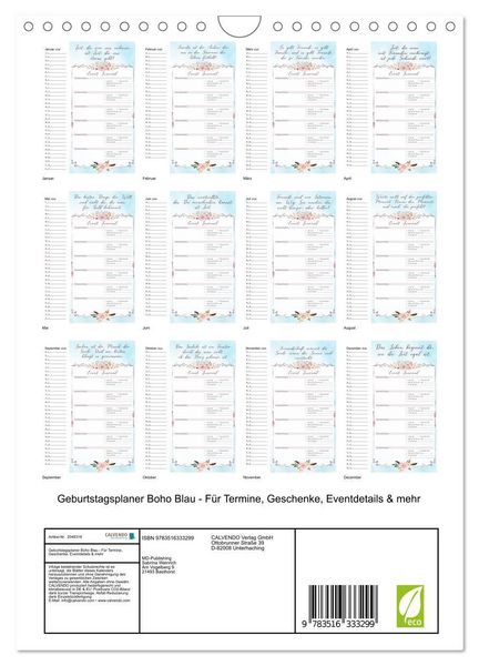 Produktbild: Geburtstagsplaner Boho Blau - F&uuml;r Termine, Geschenke, Eventdetails & mehr (Wandkalender 2026 DIN A4 hoch), CALVENDO Monatskalender