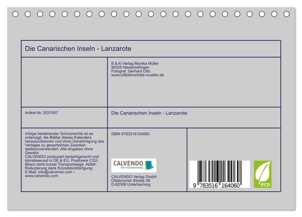 Produktbild: Die Canarischen Inseln - Lanzarote (Tischkalender 2026 DIN A5 quer), CALVENDO Monatskalender