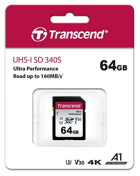 Produktbild: Transcend TS64GSDC340S SDXC-Karte 64 GB A1 Application Performance Class, v30 Video Speed Class, UHS-Class 3 sto&szlig;sicher, Wasserdicht