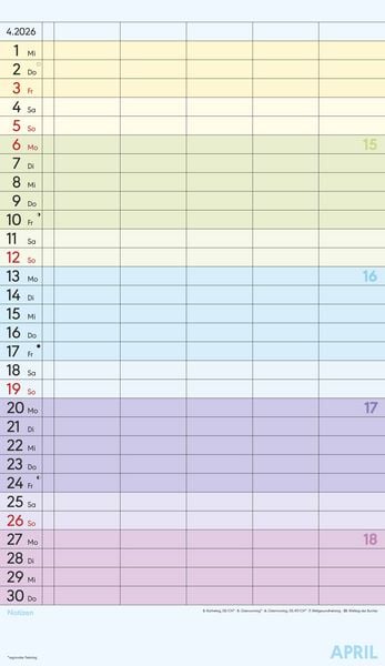 Produktbild: Superplaner Farbenfroh 2026 - 5 Spalten - Familienkalender 26x45 cm - Offset-Papier - mit Ferienterminen - Wandkalender - Wandplaner