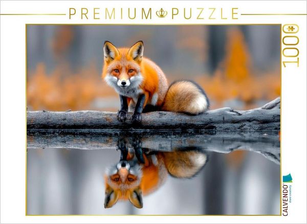 CALVENDO Puzzle Ein neugieriger Fuchs auf einem treibenden Baumstamm, umgeben von stillem Wasser | 1000 Teile Lege-Größe 64x48cm Foto-Puzzle für glück
