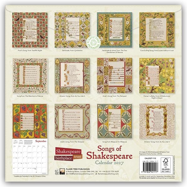 Produktbild: Songs of Shakespeare &ndash; Shakespeare Lieder 2027 &ndash; Original Flame Tree Publishing-Kalender [Kalender]