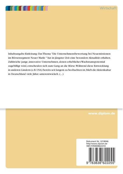 Die Unternehmensbewertung bei Neuemissionen im Börsensegment "Neuer Markt"