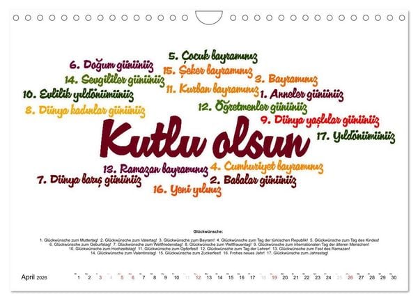 Produktbild: Smalltalk Sprachkalender T&uuml;rkisch-Deutsch (Wandkalender 2026 DIN A4 quer), CALVENDO Monatskalender