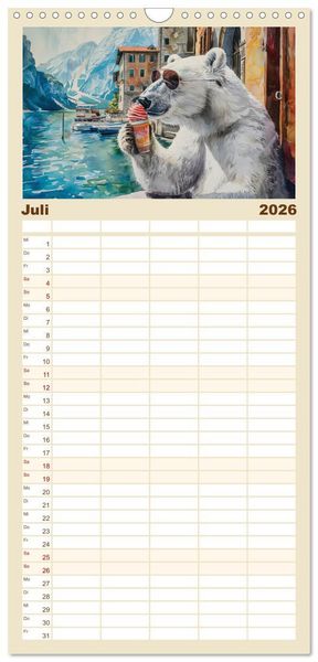 Produktbild: Familienplaner 2026 - Eisb&auml;r Eik auf Europareise mit 5 Spalten (Wandkalender, 21 x 45 cm) CALVENDO