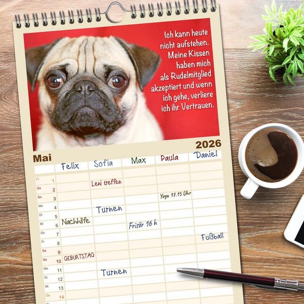Produktbild: Familienplaner 2026 - Mopsala: Vom Gl&uuml;ck, ein Mops zu sein mit 5 Spalten (Wandkalender, 21 x 45 cm) CALVENDO