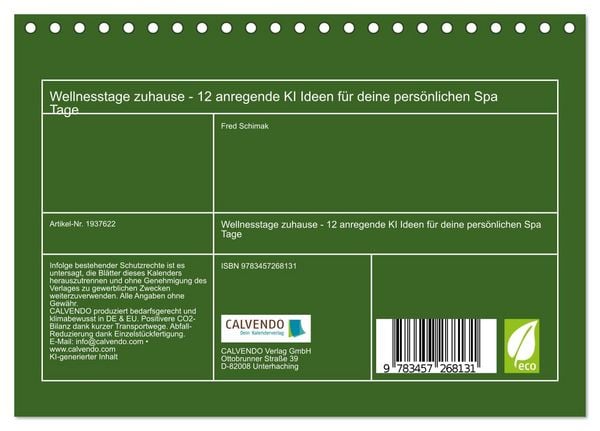 Produktbild: Wellnesstage zuhause - 12 anregende KI Ideen f&uuml;r deine pers&ouml;nlichen Spa Tage (Tischkalender 2026 DIN A5 quer), CALVENDO Monatskalender