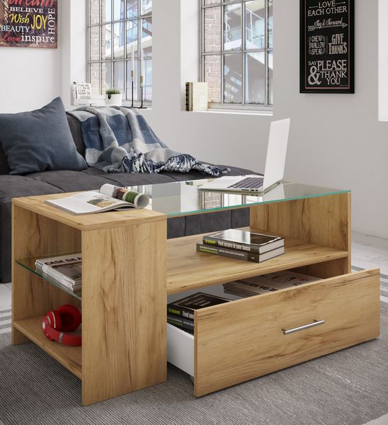 Produktbild: Holz Sofatisch Couchtisch Schublade Glas Tindala