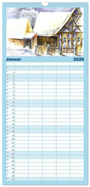 Produktbild: Familienplaner 2026 - Malerische Dorfansichten in Aquarell mit 5 Spalten (Wandkalender, 21 x 45 cm) CALVENDO