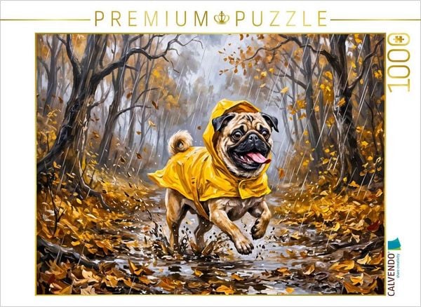 CALVENDO Puzzle Mops rennt fröhlich durch matschige Novemberwege Puzzle | 1000 Teile Lege-Größe 64x48cm Foto-Puzzle für glückliche Stunden