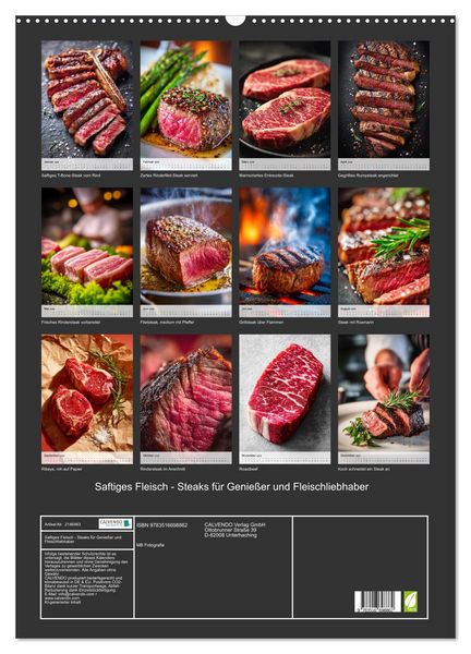Produktbild: Saftiges Fleisch - Steaks f&uuml;r Genie&szlig;er und Fleischliebhaber (Wandkalender 2026 DIN A2 hoch), CALVENDO Monatskalender