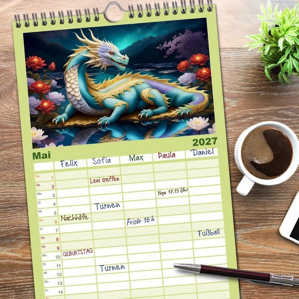 Produktbild: Familienplaner 2027 - Drachen - Mystische Wesen mit 5 Spalten (Wandkalender, 21 x 45 cm) CALVENDO
