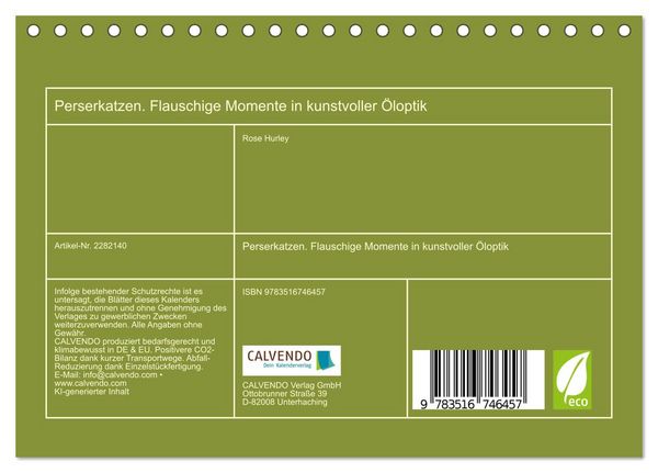 Produktbild: Perserkatzen. Flauschige Momente in kunstvoller &Ouml;loptik (Tischkalender 2026 DIN A5 quer), CALVENDO Monatskalender