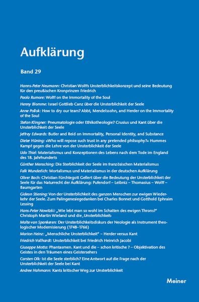 Aufklärung, Band 29: Das Problem der Unsterblichkeit in der Philosophie, den Wissenschaften und den Künsten des 18. Jahrhunderts, Taschenbuch von ,