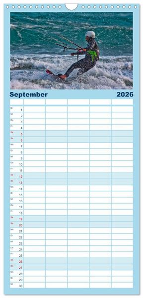 Produktbild: Familienplaner 2026 - Kitesurfen - &uuml;ber den Wellen mit 5 Spalten (Wandkalender, 21 x 45 cm) CALVENDO