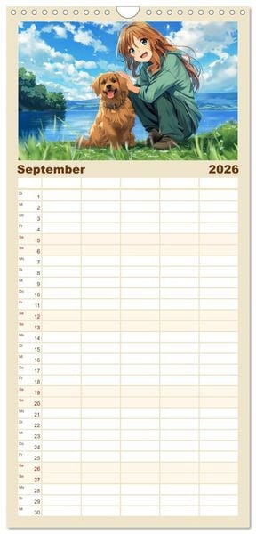 Produktbild: Familienplaner 2026 - Tierische Anime-Freunde - Fr&ouml;hliche Streifz&uuml;ge mit Hund und Katze mit 5 Spalten (Wandkalender, 21 x 45 cm) CALVENDO