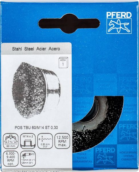 Produktbild: PFERD TOOLS Topfb&uuml;rste ungezopft TBU &Oslash; 60 mm M14 Stahl-Draht-&Oslash; 0,30 f&uuml;r Winkelschleifer POS TBU 60/M14 ST 0,30 43468902 1 St.